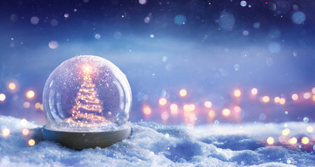 Christmas Tree In Snowglobe On Snow In Night With Shiny Star And In Winter Background - Festive Bokeh Lightsの写真素材