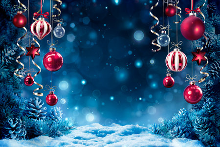 Christmas Night - Red Balls Hanging With Snow And Fir Branches In Winter Abstract Blue Backdropの写真素材