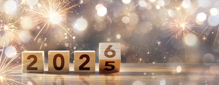 2026 New Year Celebration - Wooden Number Blocks And Golden Fireworks At Eve Night With Abstract Defocused Lightsの写真素材