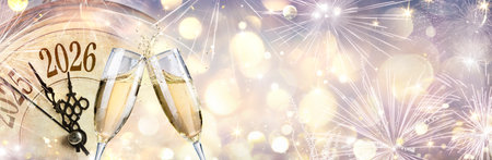 2026 - New Year Celebration With Champagne And Clock - Toast With Flutes - Abstract Defocused Bokeh Lightsの写真素材
