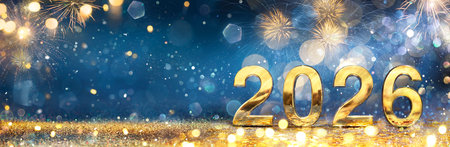 2026 New Year Celebration - Golden Number And Fireworks At Blue Eve Night In Abstract Defocused Lightsの写真素材