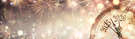 2026 New Year - Clock And Golden Fireworks - Countdown To Midnight - Abstract Defocused Backgroundの写真素材