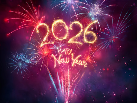 2026 Happy New Year Celebration With Red And Blue Firework In Eve Nightの写真素材