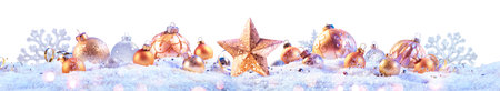 Christmas Banner - Golden Baubles And Star On Snow - Isolated On Transparentの写真素材
