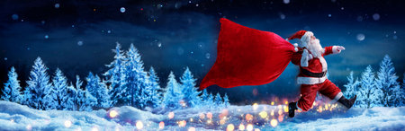 Santa Claus With Red Bag Jumping On Snow In Snowy Winter Forest - Fast Delivery Presentの写真素材