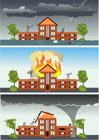 Three images with the same house and people struggling against different disasters: fire, storm weather and hurricaneのイラスト素材