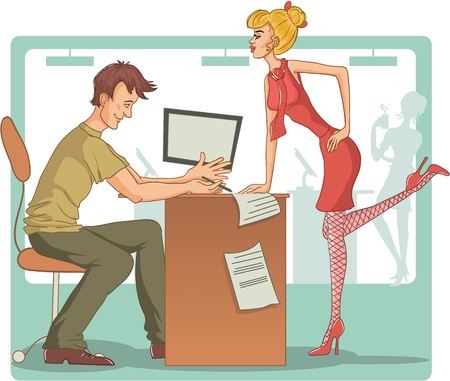 Vector image of the man and woman at their working place. Beautiful woman tries to draw attention of a young manのイラスト素材