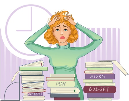 Businesswoman is under stress with lot of paper work のイラスト素材