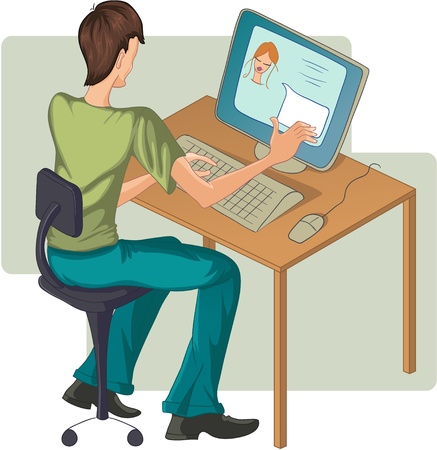 Boy at computer. Vector image of a boy who speaks with a girl on computer.のイラスト素材