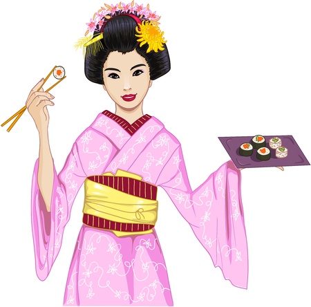 Young beautiful Japanese woman in kimono enjoys sushi のイラスト素材