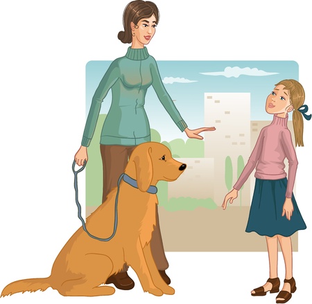 Woman teaches a little girl how to behave with a dog to prevent a biteのイラスト素材
