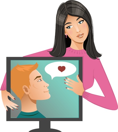 Internet dating. Young woman has chat in Internet with a man, conceptual image of internet datingのイラスト素材