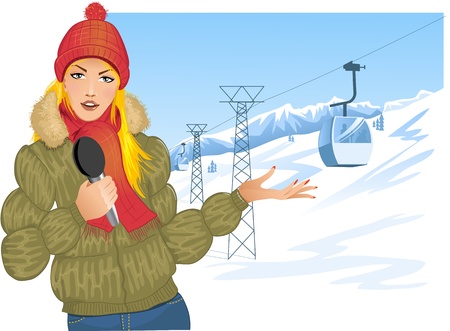 Girl reports about winter sport on the background with cable-wayのイラスト素材