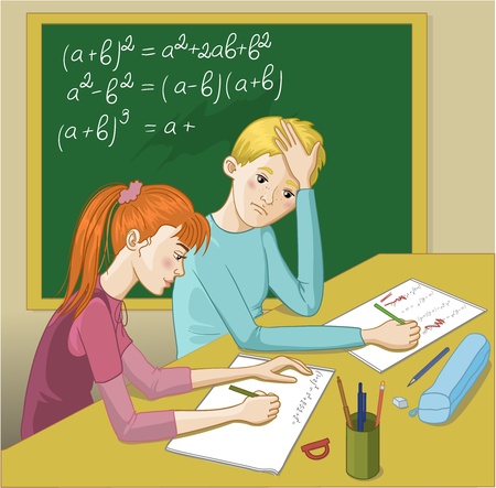 Boy and girl in a classroom. Vector image of two teenagers in a classroom. A girl tries to explain mathematical exercises to a boy who has problem with homework. のイラスト素材