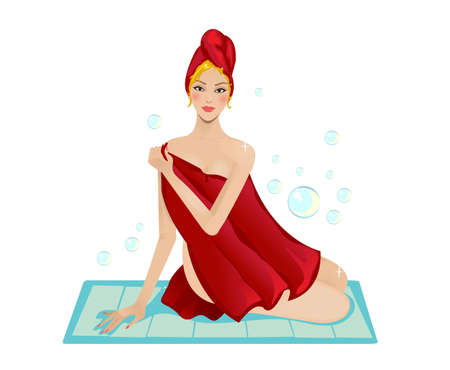 Young woman sitting in red towel after bathingのイラスト素材