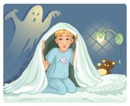 Little boy can not sleep because has fear in the nightのイラスト素材