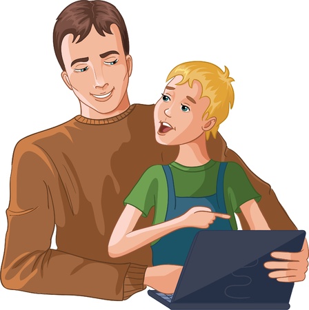 Father and boy working with laptopのイラスト素材