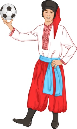 Young man in ukrainian clothes with football のイラスト素材