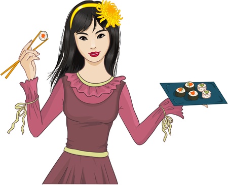 Young Japanese girl enjoys sushi のイラスト素材