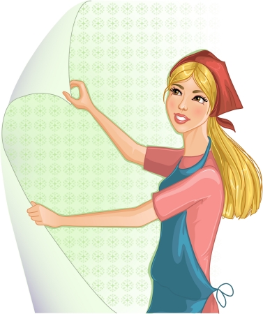 Cartoon girl decorates walls with new wallpapersのイラスト素材