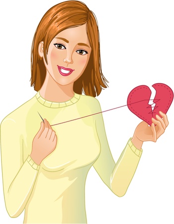 Young beautiful girl repairs fabric heartのイラスト素材