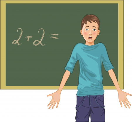 cartoon image of a perplexed boy at blackboard in classroomのイラスト素材