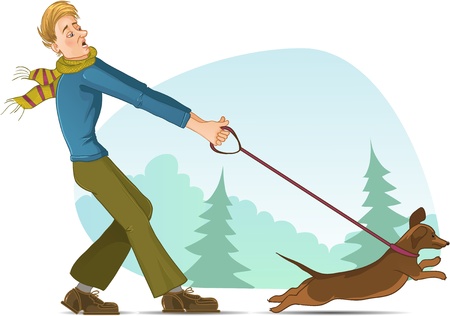 Cartoon man tries to keep a small dog on leadのイラスト素材