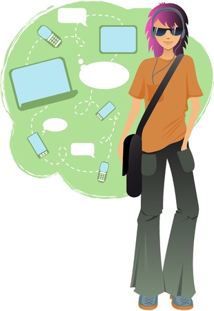 Young girl with headphones on the background with modern communication devicesのイラスト素材