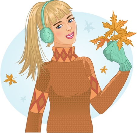 Young woman with autumn maple leaves in hand のイラスト素材