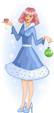 Girl with glass of wine and new year ball のイラスト素材