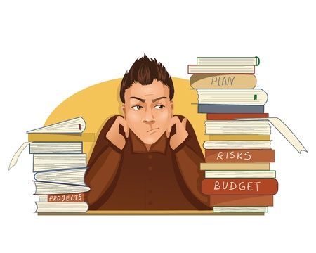 Businessman is under stress with lot of paper work のイラスト素材