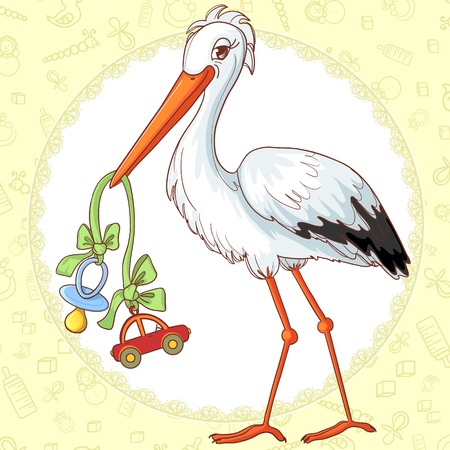 Baby greetings card with stork and pacifier for boyのイラスト素材