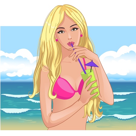 Girl on the beach drinks cocktailのイラスト素材