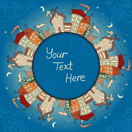 Decorative card with vintage houses at nightのイラスト素材