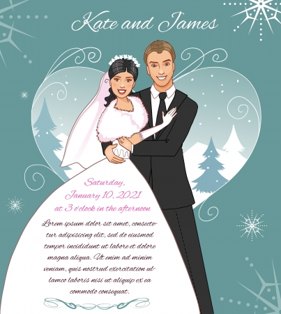 Young couple on the winter background  Invitation card for the winter wedding eventのイラスト素材