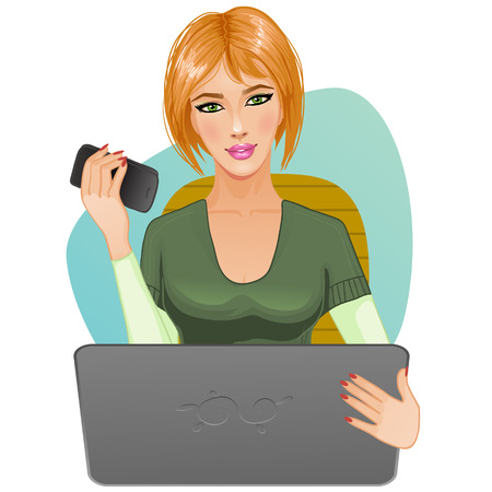 Young woman at laptop with mobileのイラスト素材
