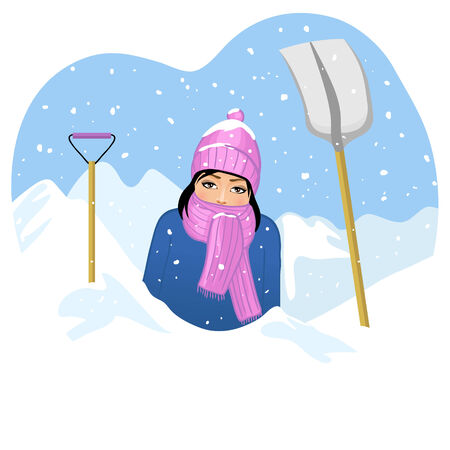 Young woman in snow tries to clean a road with shovelのイラスト素材