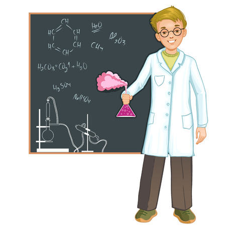Schoolboy with retort at blackboard, eps10のイラスト素材