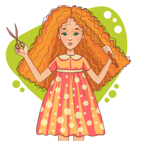 Cute cartoon red-haired girl cuts her hair with scissors, eps10のイラスト素材