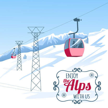 Vector background, postcard with cable-way in the Alpsのイラスト素材