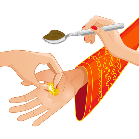 Vector image of ceremony at henna night, kina gecesi, a bride becomes coin and spoon of henna on her palms, eps10のイラスト素材