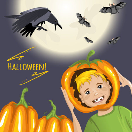 Vector cute card for Halloween with cartoon boy, pumpkins, crow and bats, eps10のイラスト素材