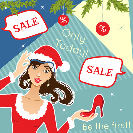 Young stylish woman with shoe for Christmas discount advertisement, eps10のイラスト素材