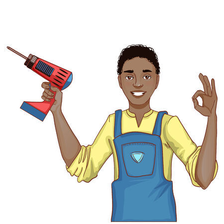Young handsome African American man with drill, isolated, eps10のイラスト素材