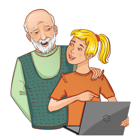 Granddad and granddaughter working on laptop, eps10のイラスト素材