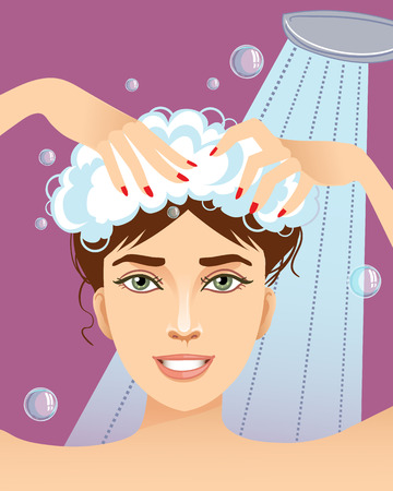 Cute young woman washing her hair.のイラスト素材