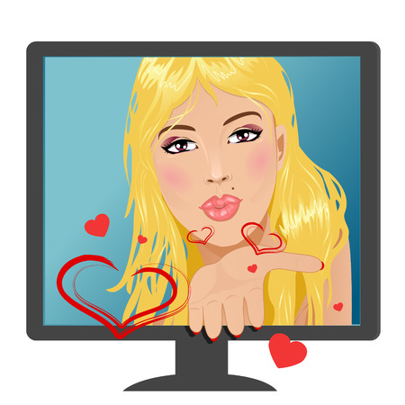 Young beautiful blonde girl blows kisses out of monitorのイラスト素材