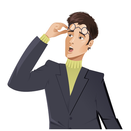 Vector image of surprised young cartoon man who takes his glasses offのイラスト素材