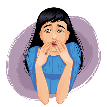 Vector image of scared young cartoon woman who closes her mouth with her hands, eps10のイラスト素材
