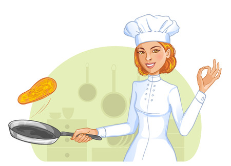 Cute cook girl tosses pancake in frying pan, eps10のイラスト素材